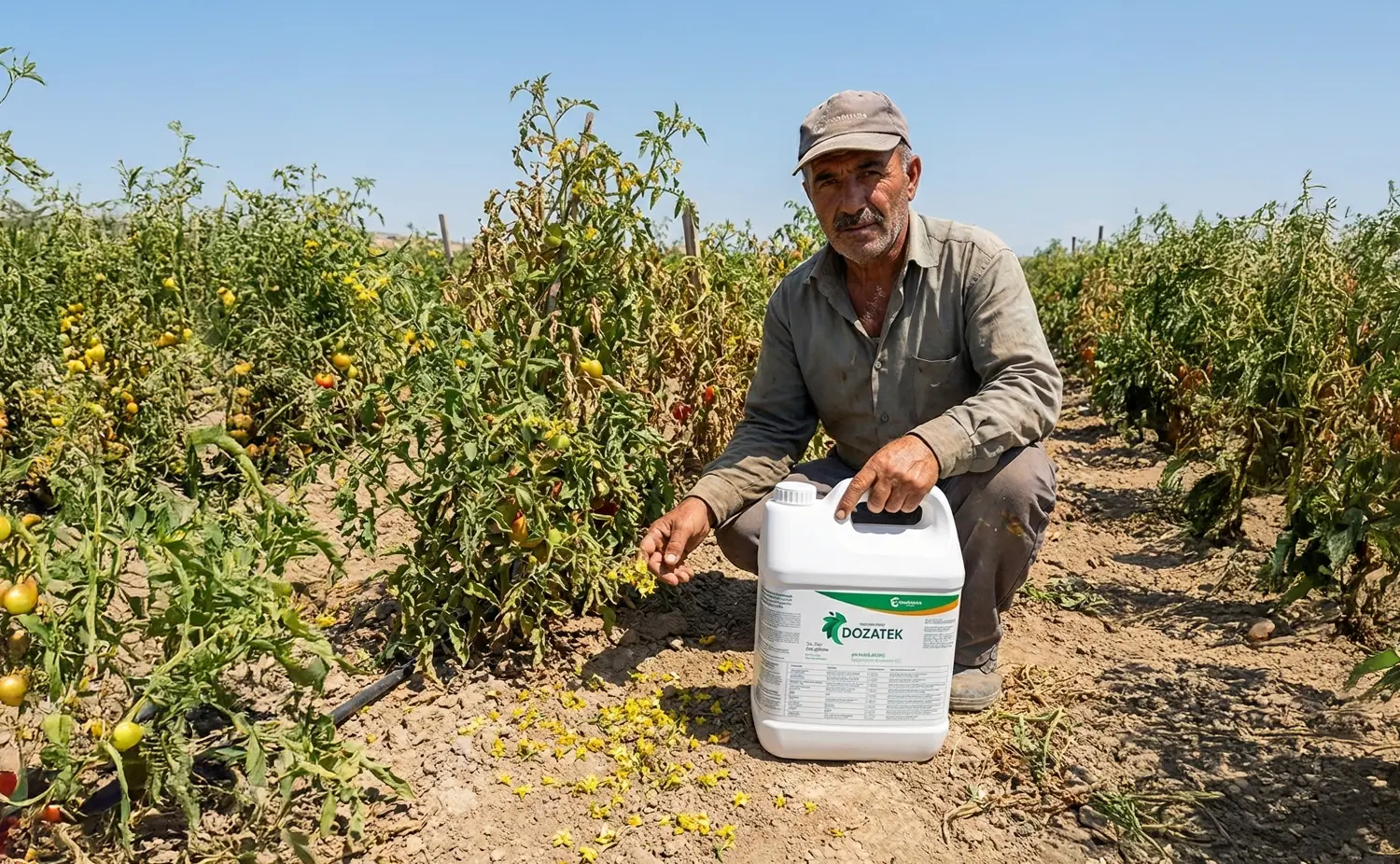 Domates tarlasında aşırı çiçek dökülmesi sorunu yaşayan bir çiftçi ve döl tutumu sağlamak için kullandığı Dozatek Zn sıvı çinko gübresi bidonu.